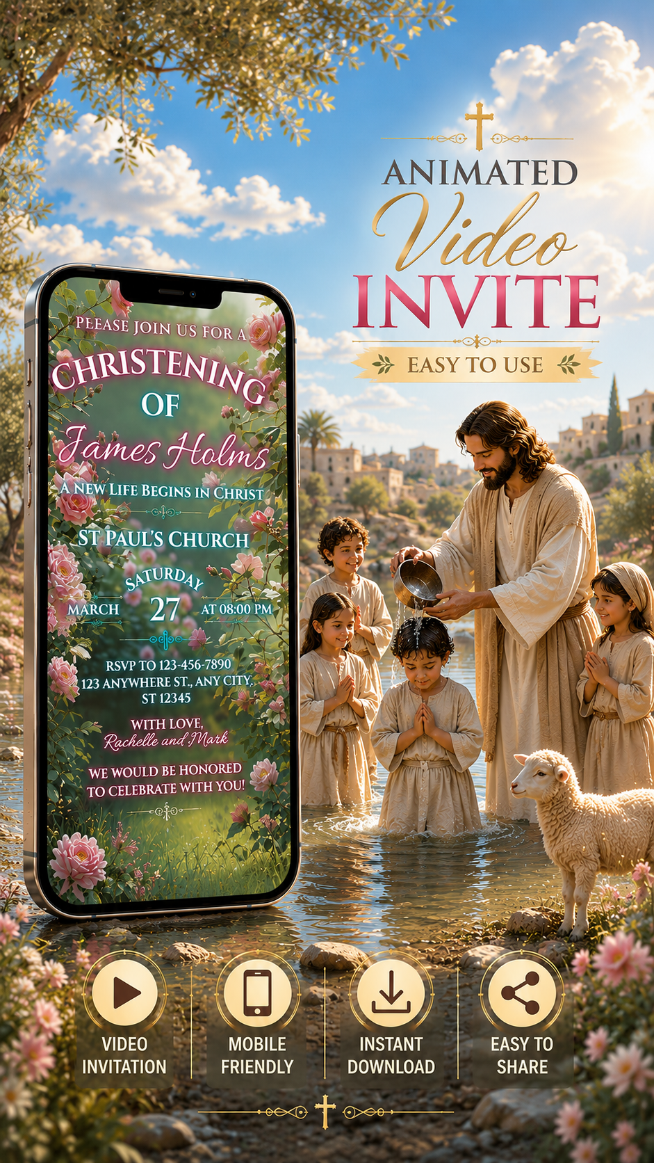 Christening Video Invitation design featuring an animated invite with floral elements for a sacred occasion.
