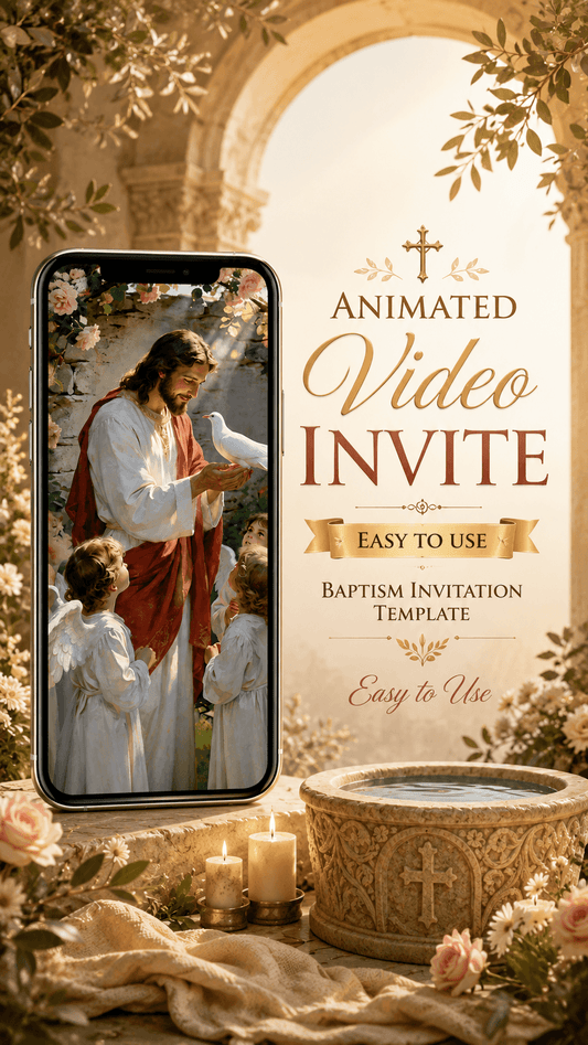 Baptism video invitation featuring an animated design with Jesus and children, perfect for inviting loved ones.
