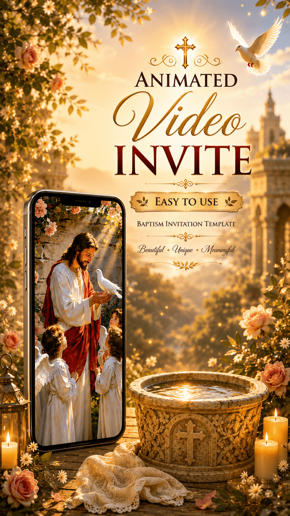 Baptism video invitation featuring an animated design with a serene religious theme and easy-to-use template.