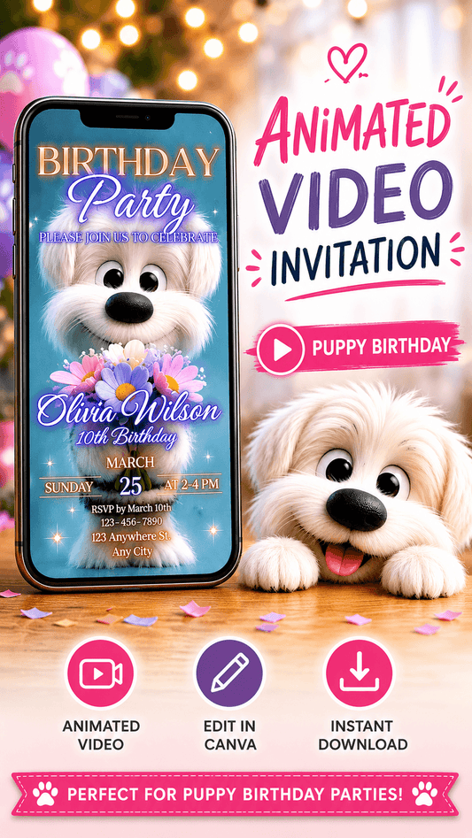 Animated Puppy Birthday Video Invitation featuring a cute puppy for a child's birthday party.