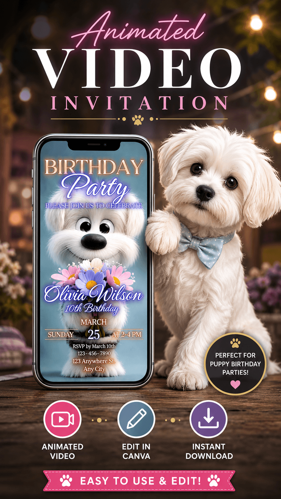 Puppy Birthday Video Invitation featuring cute puppy and animated design for a child's birthday party.