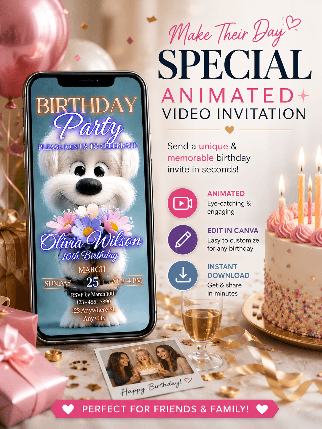 Puppy Birthday Video Invitation featuring a stylish animated design for a child's birthday party invitation.