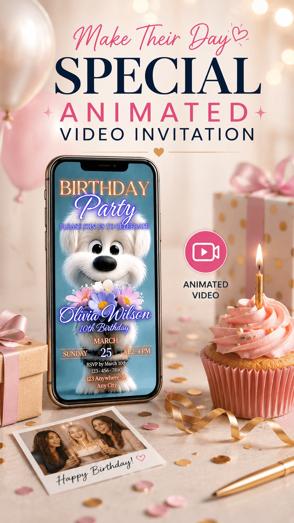 Puppy Birthday Video Invitation showcasing a smartphone with a cute puppy design, perfect for celebrating a child's birthday.
