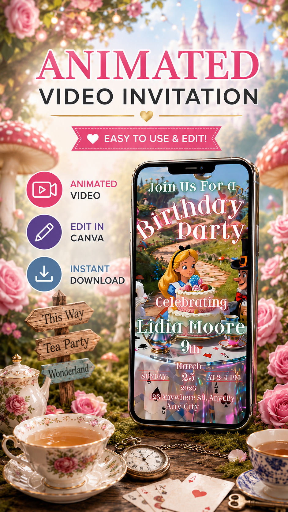 Animated Video Invitation featuring Birthday Video Invitation theme with Alice in Wonderland design and customizable options.