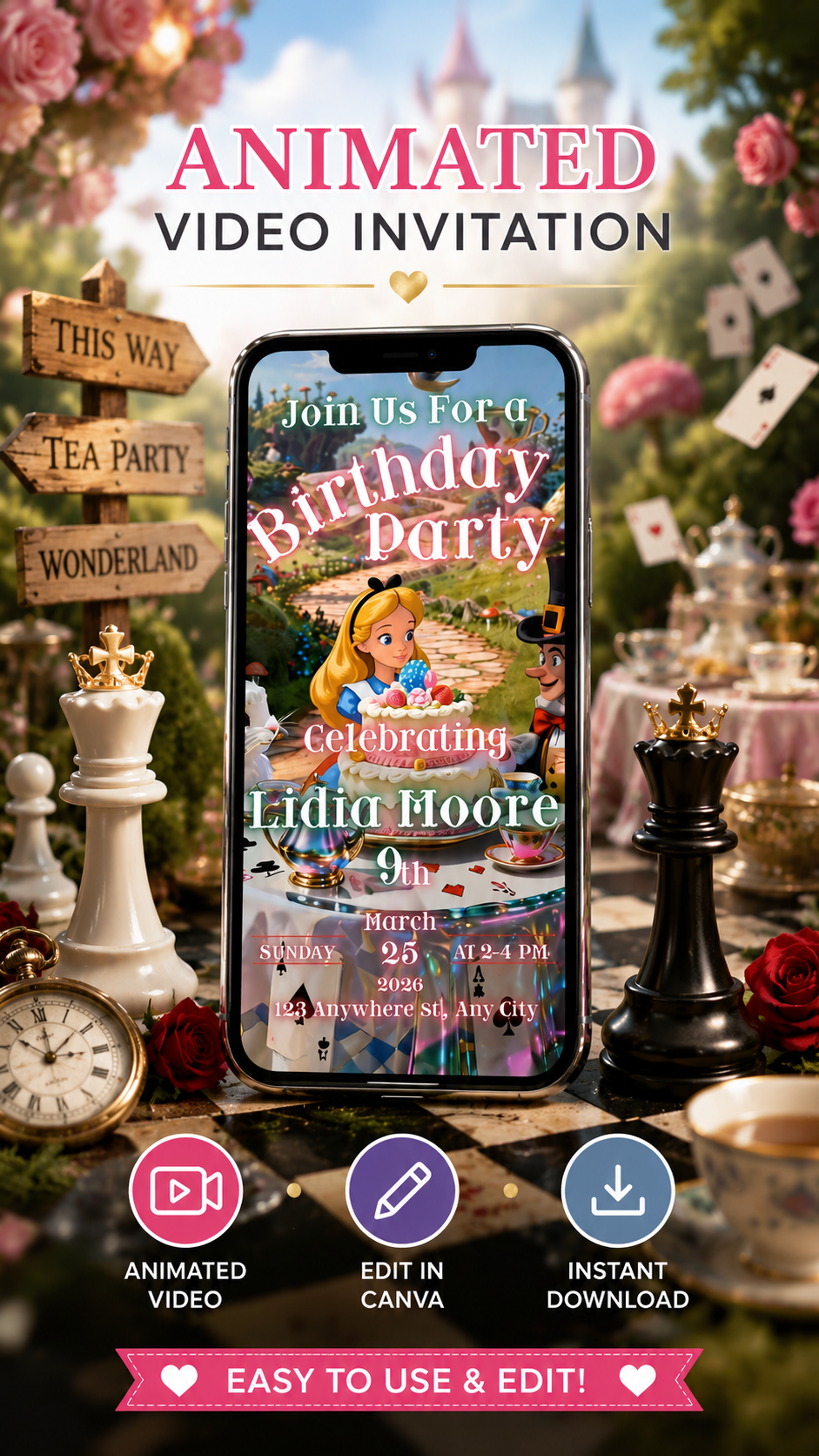 Animated Birthday Video Invitation featuring Alice in Wonderland theme with colorful graphics and event details.