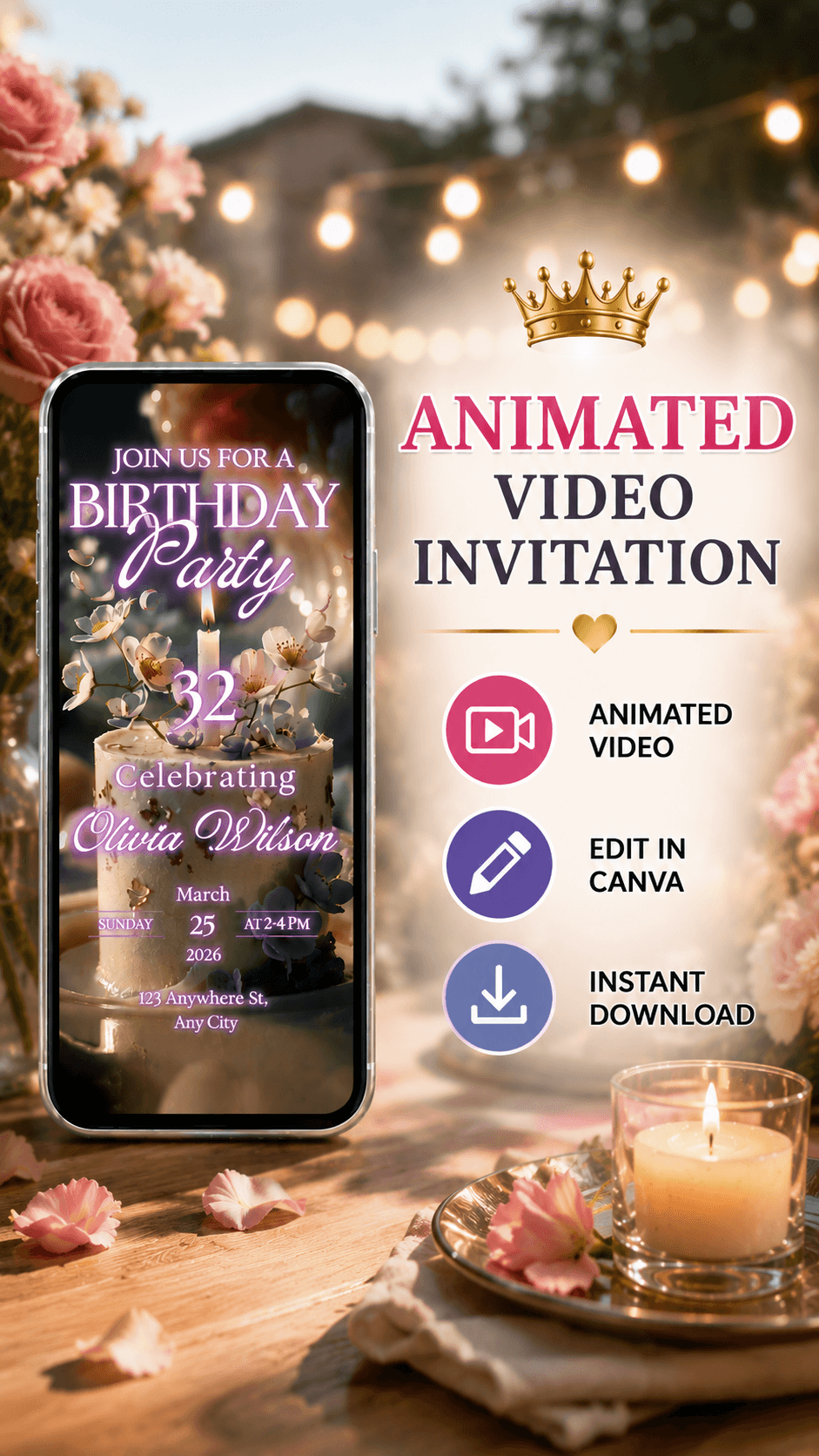 Luxury Animated Birthday Invitation featuring elegant design and floral elements for a birthday celebration.