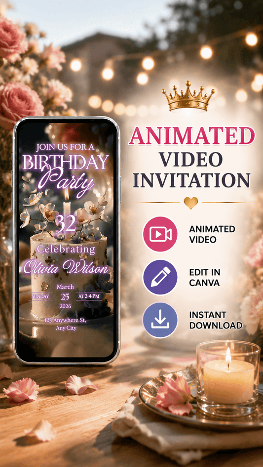 Luxury Animated Birthday Invitation featuring elegant design and floral elements for a birthday celebration.