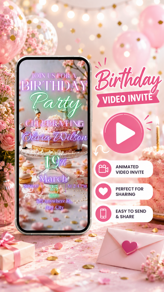 Animated Birthday Video Invitation featuring elegant design and details for a celebration.