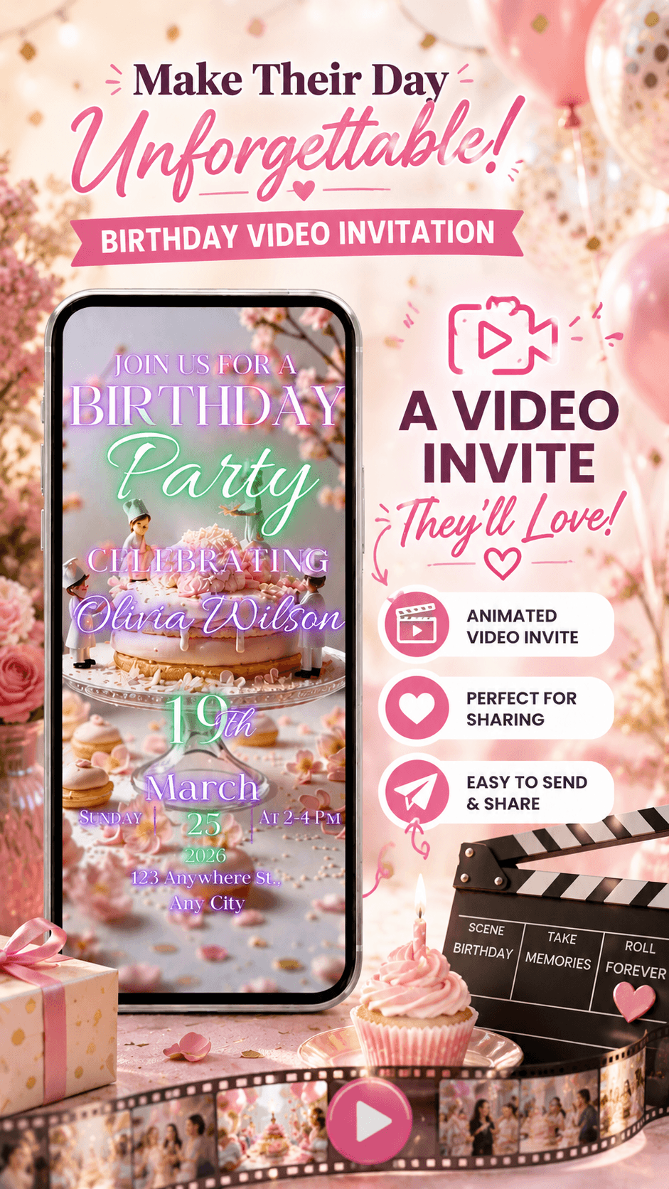 Colorful animated Birthday Video Invitation template featuring a pastel cake and festive decorations.