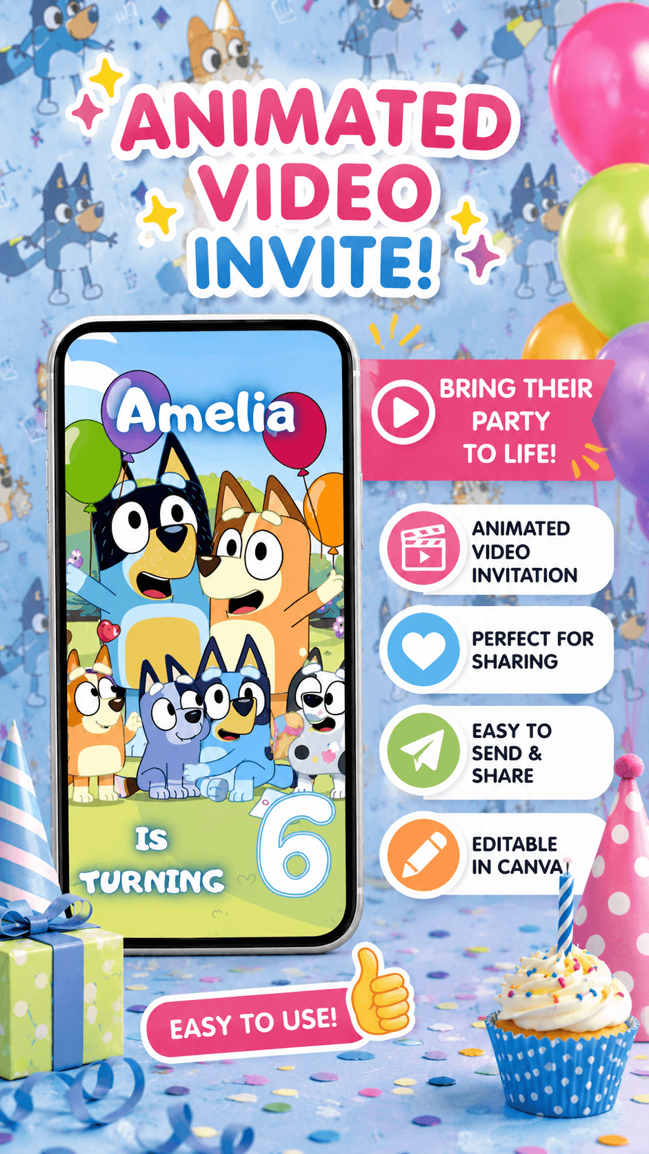 Bluey birthday video invitation featuring colorful animated characters and a festive design for kids' birthdays.