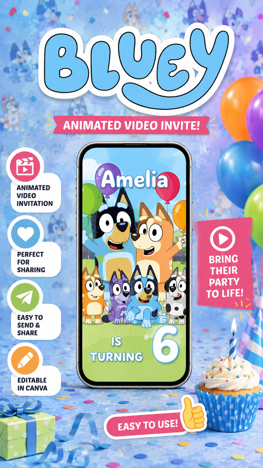 Bluey birthday video invitation featuring animated characters and colorful decorations for a kid's birthday party.