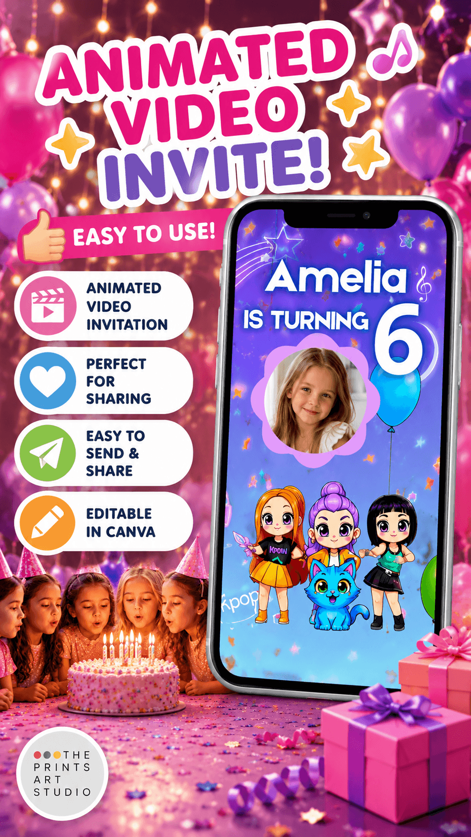 Kpop Birthday Video Invitation with photo of animated invite for a child's birthday, editable in Canva for easy sharing.