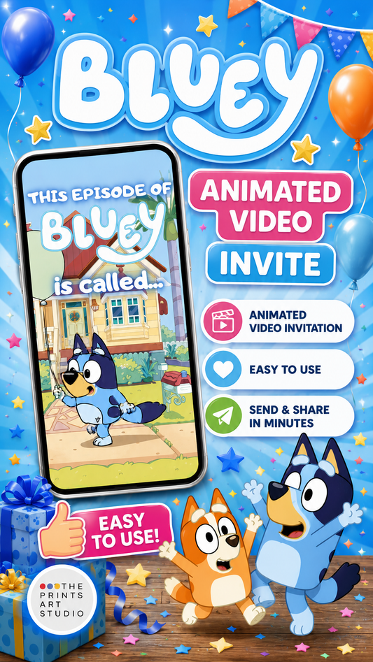 Bluey birthday invitation video featuring animated characters and colorful party decorations for a fun birthday celebration.