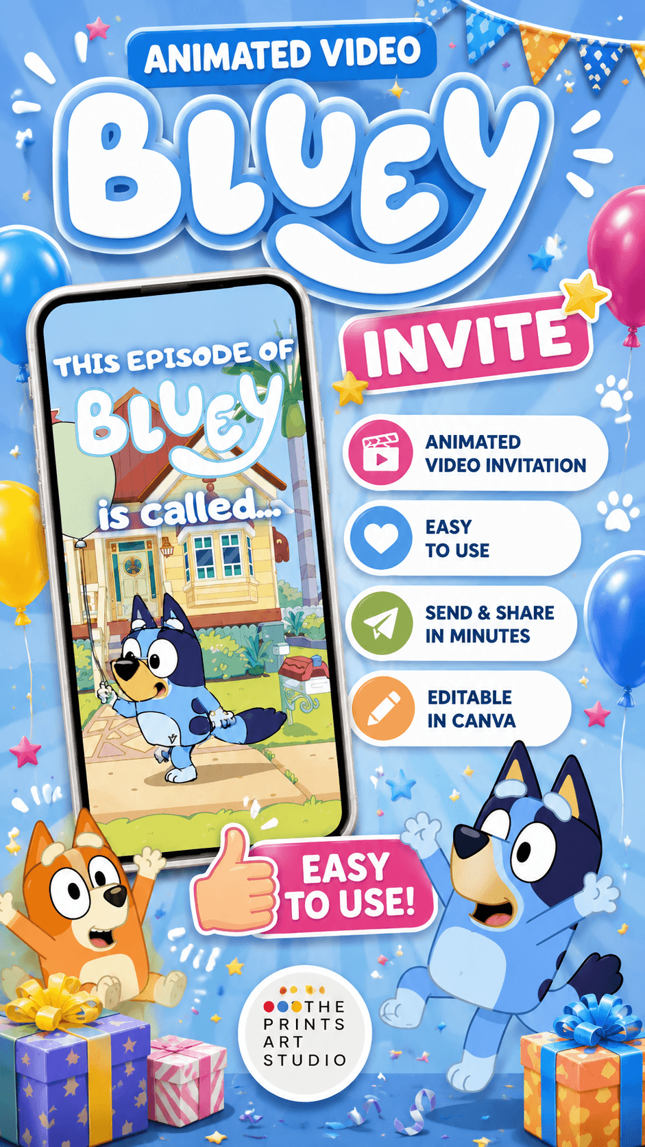 Bluey birthday invitation video featuring animated characters, balloons, and party decor, perfect for kids' birthdays.