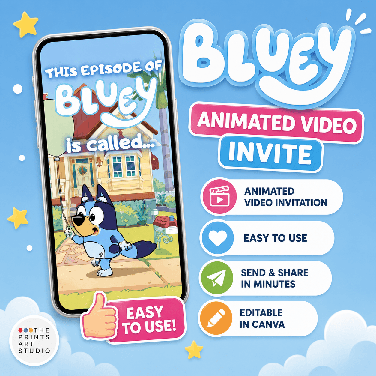 Bluey birthday invitation video featuring animated character design and details about the invite.