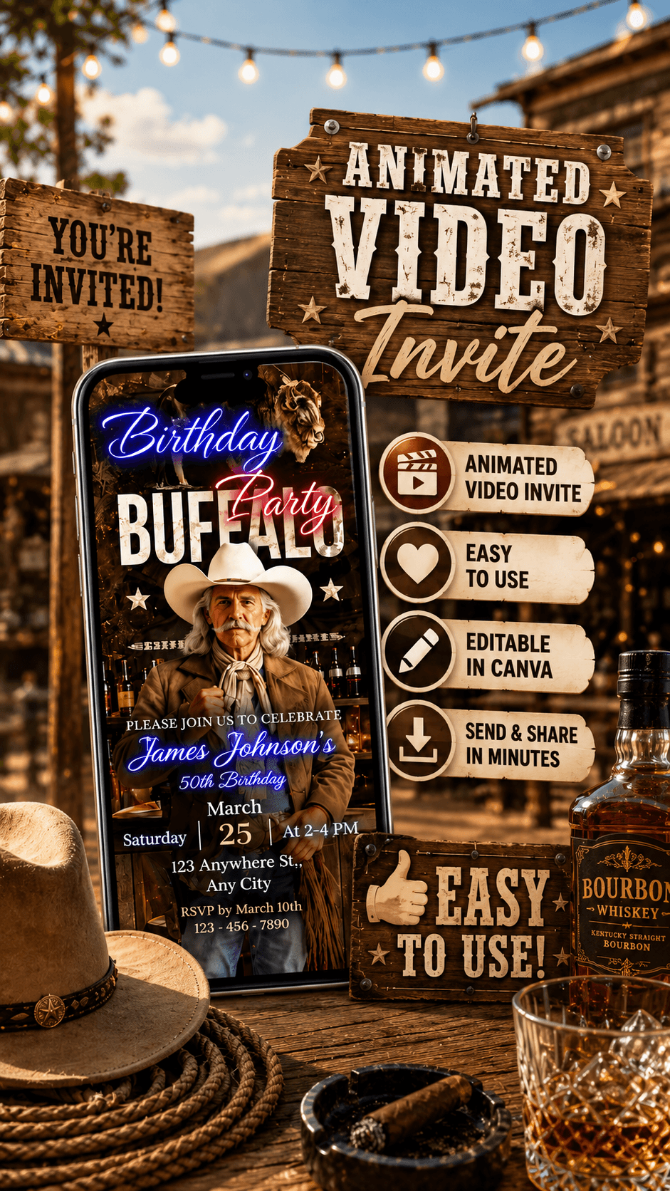 Buffalo Bill Birthday Invitation Video featuring a western-themed animated video invite with birthday details.