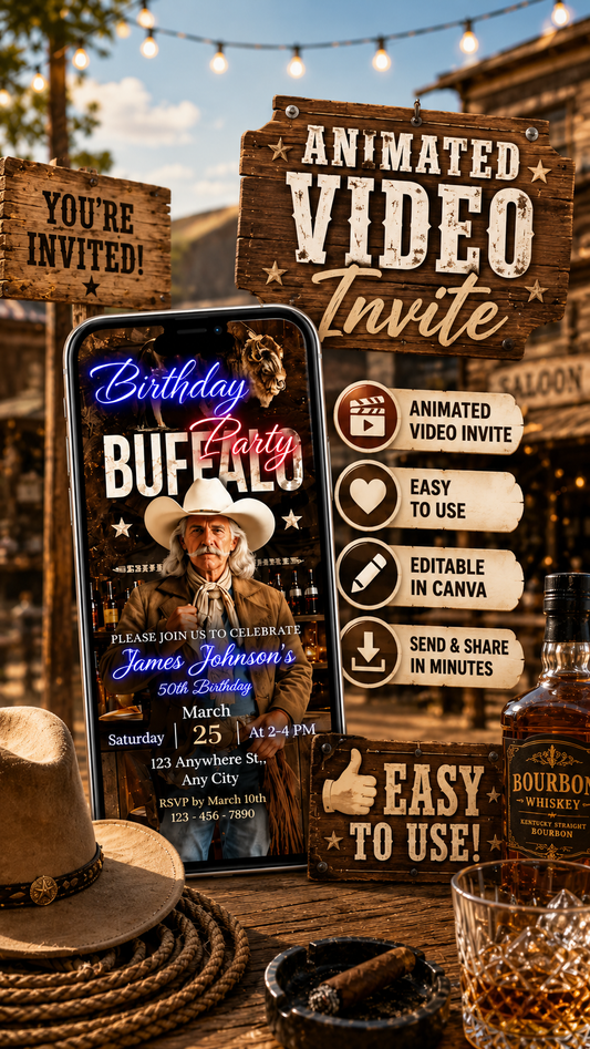 Buffalo Bill Birthday Invitation Video featuring a western-themed animated video invite with birthday details.