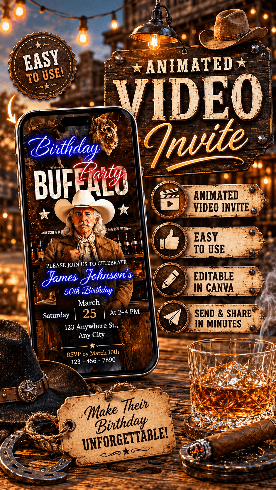 Buffalo Bill Birthday Invitation Video showcasing a vibrant animated video invite design for a birthday celebration.