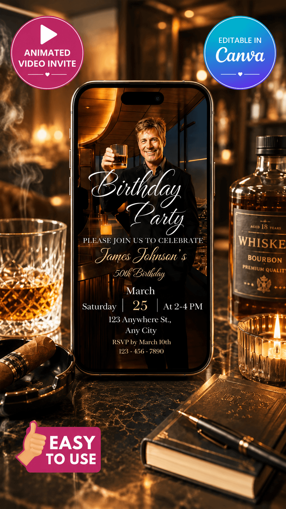 Whiskey Birthday Video Invitation featuring elegant design and warm lighting for a celebration.