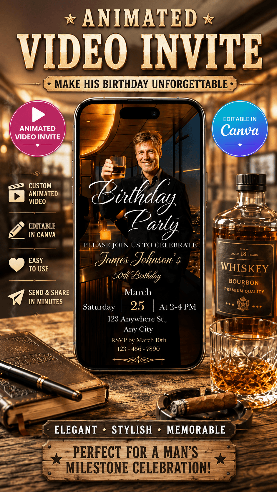 Whiskey Birthday Video Invitation featuring a stylish design with warm lighting and whiskey bottles, perfect for a man's celebration.