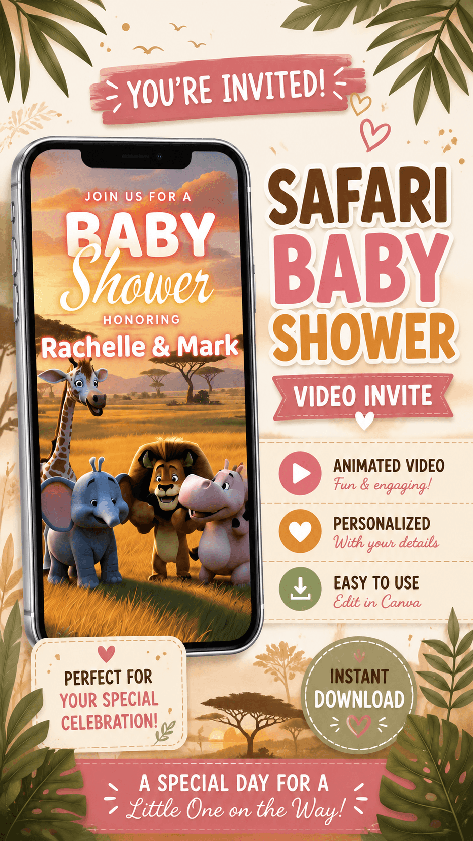 Safari Baby Shower video invitation template featuring animated safari animals and customizable details.