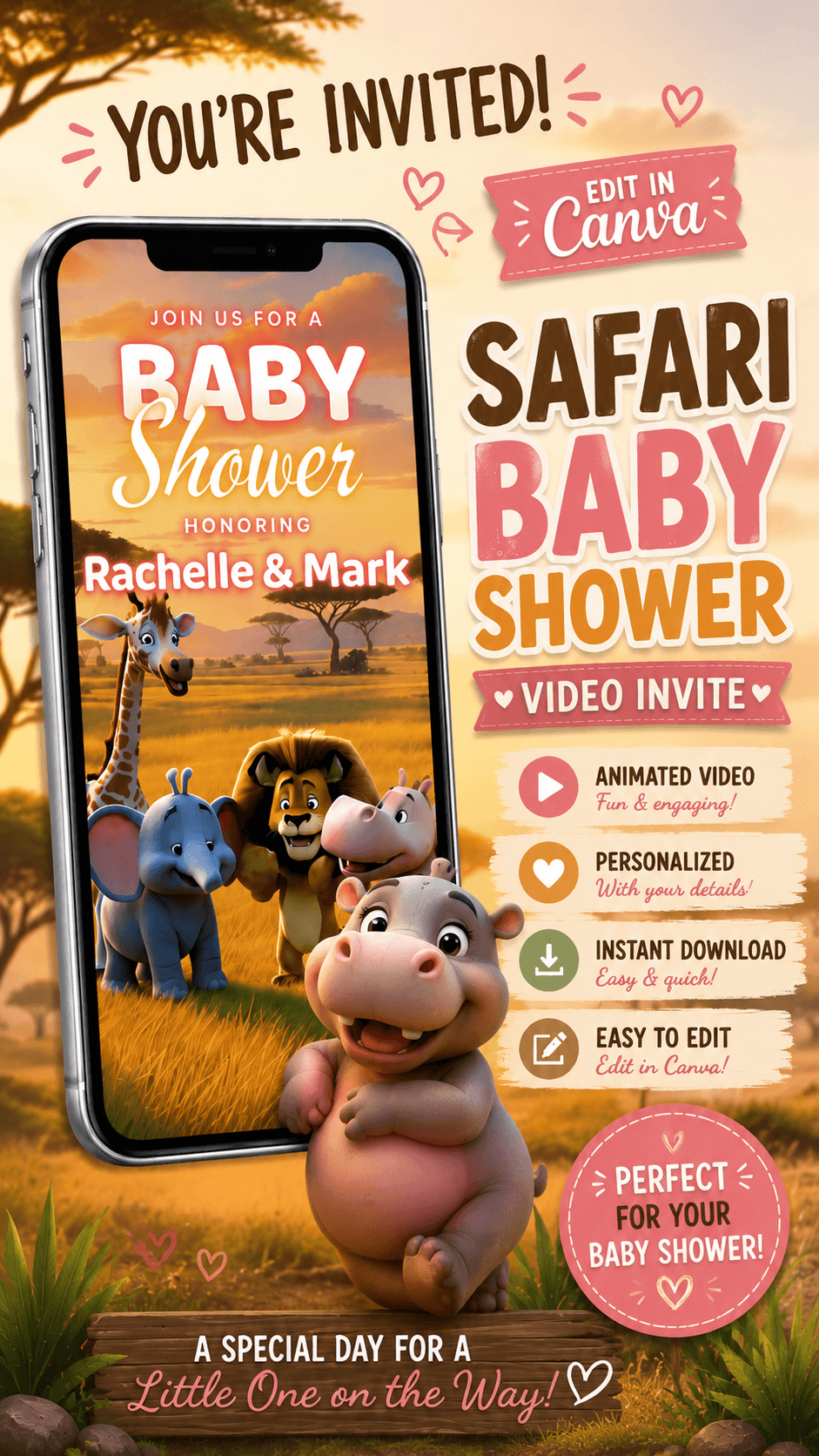 Safari Baby Shower video invitation template featuring cute safari animals and vibrant colors, perfect for celebrating a baby shower.