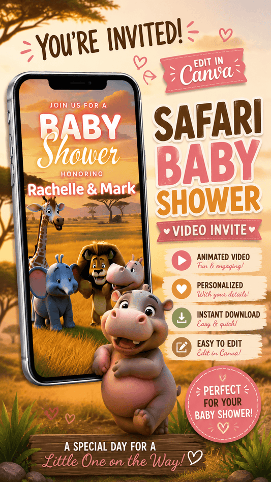Safari Baby Shower video invitation template featuring cute safari animals and vibrant colors, perfect for celebrating a baby shower.