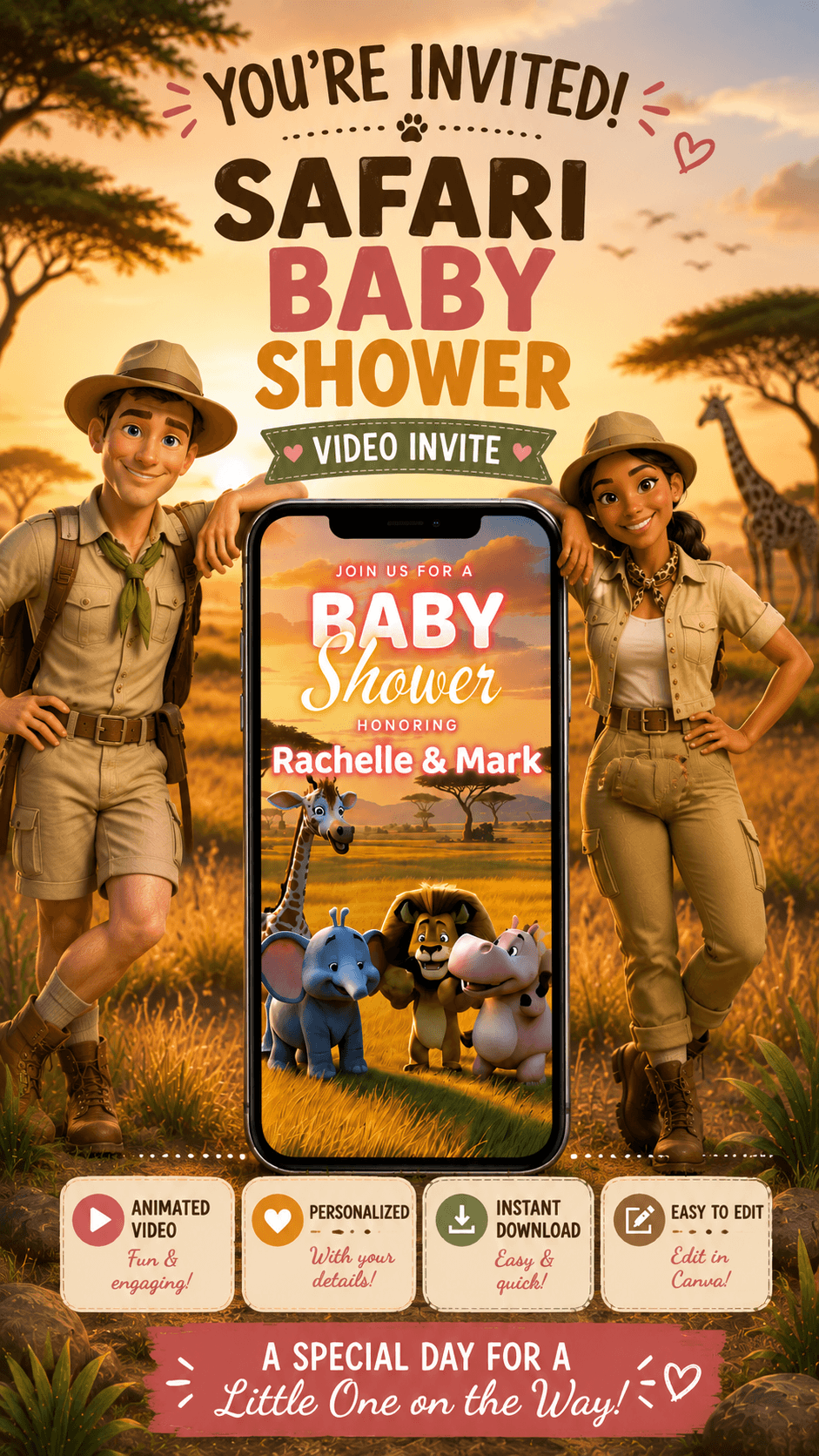 Safari Baby Shower video invitation featuring animated cute safari animals and personalized details for Rachelle and Mark.