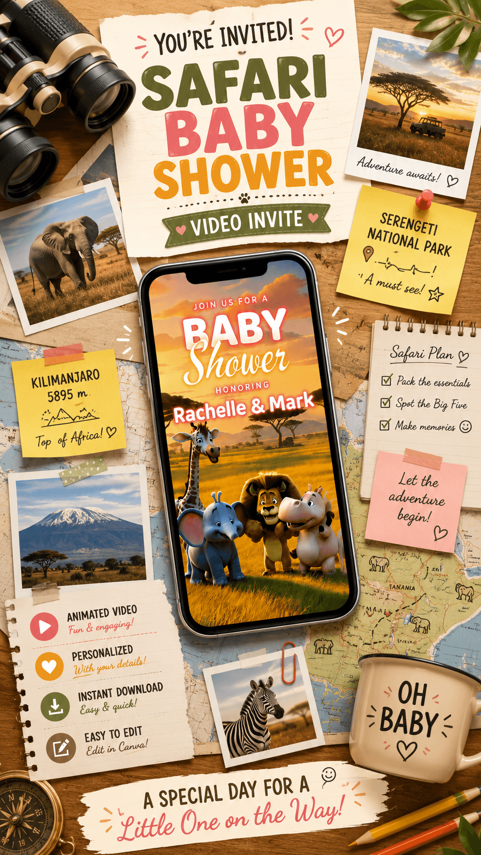 Safari Baby Shower video invitation featuring cute animals and safari-themed design for a memorable celebration.