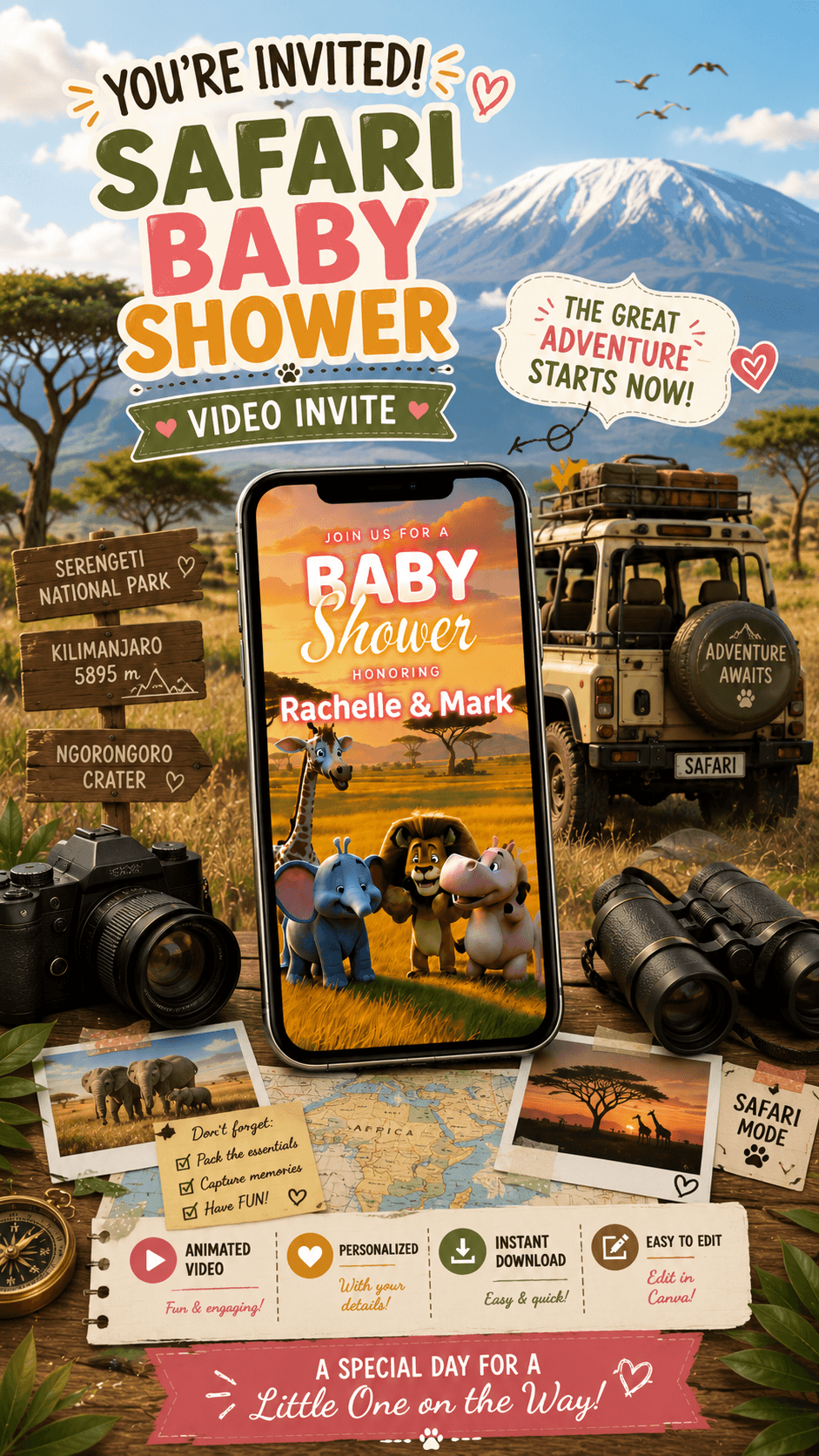 Safari Baby Shower video invitation template featuring safari animals and vibrant jungle scenery.