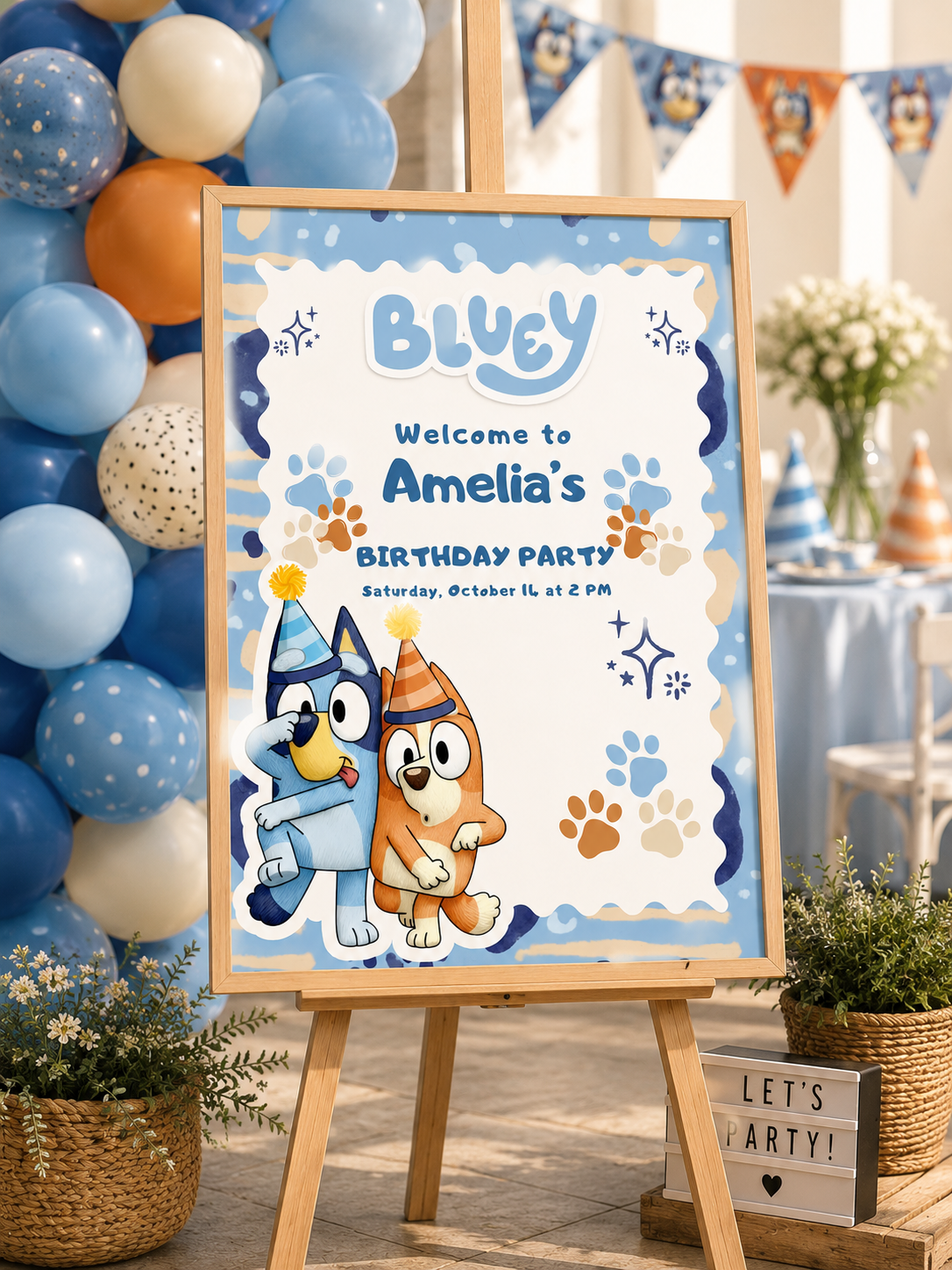 Bluey birthday welcome sign featuring animated characters, personalized for Amelia's birthday party celebration.