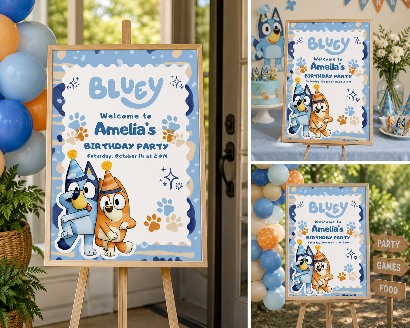 Bluey birthday welcome sign for Amelia's birthday party displayed at the entrance with balloons and a festive backdrop.