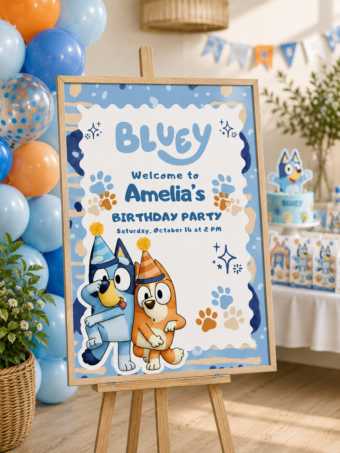 Bluey birthday welcome sign for Amelia's birthday party featuring Bluey and Bingo on a colorful background.