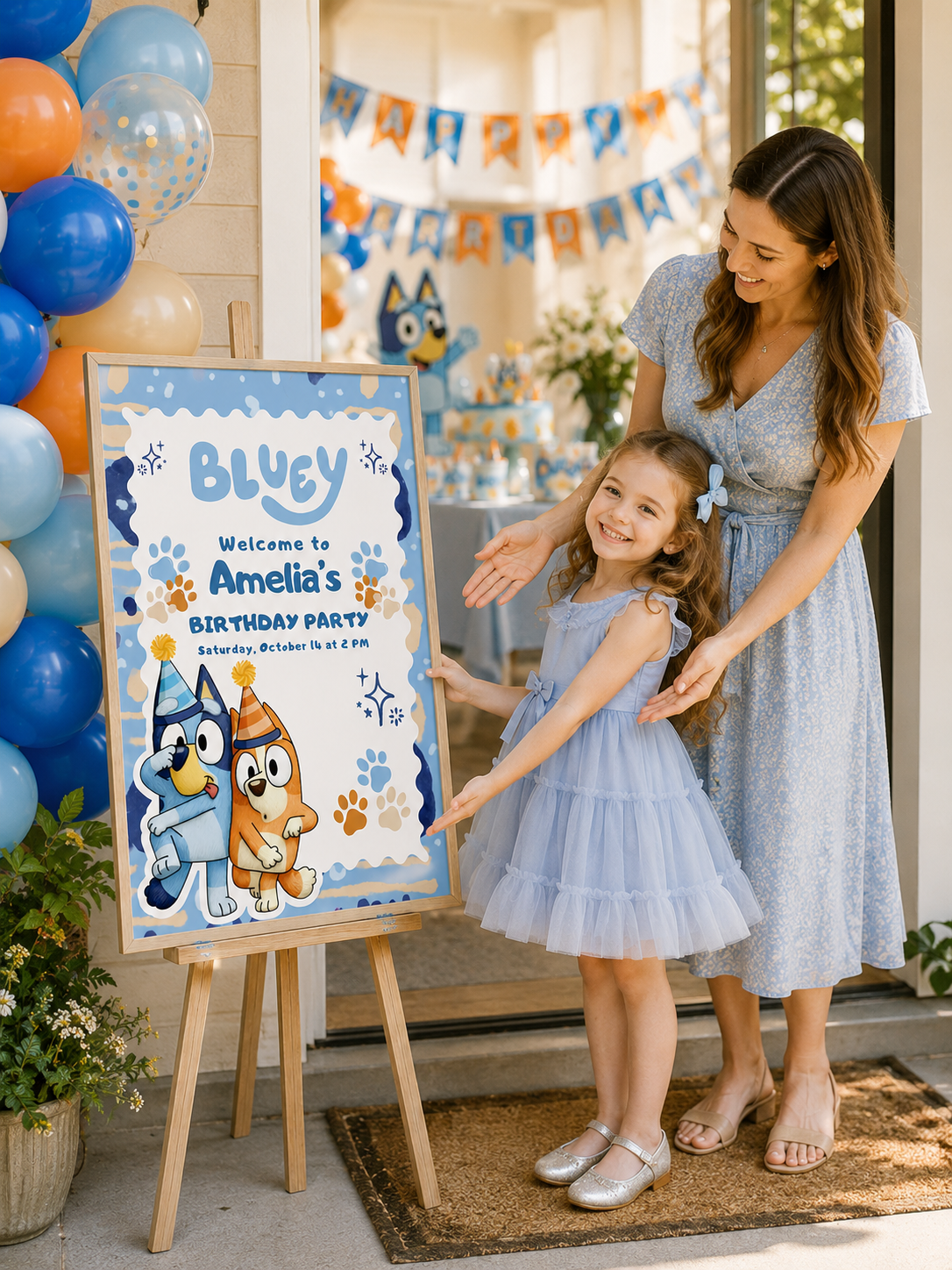 Bluey birthday welcome sign for Amelia's birthday party displayed at the entrance.
