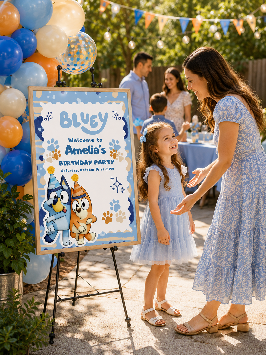 Bluey birthday welcome sign for Amelia's birthday party, featuring colorful balloons and happy children.