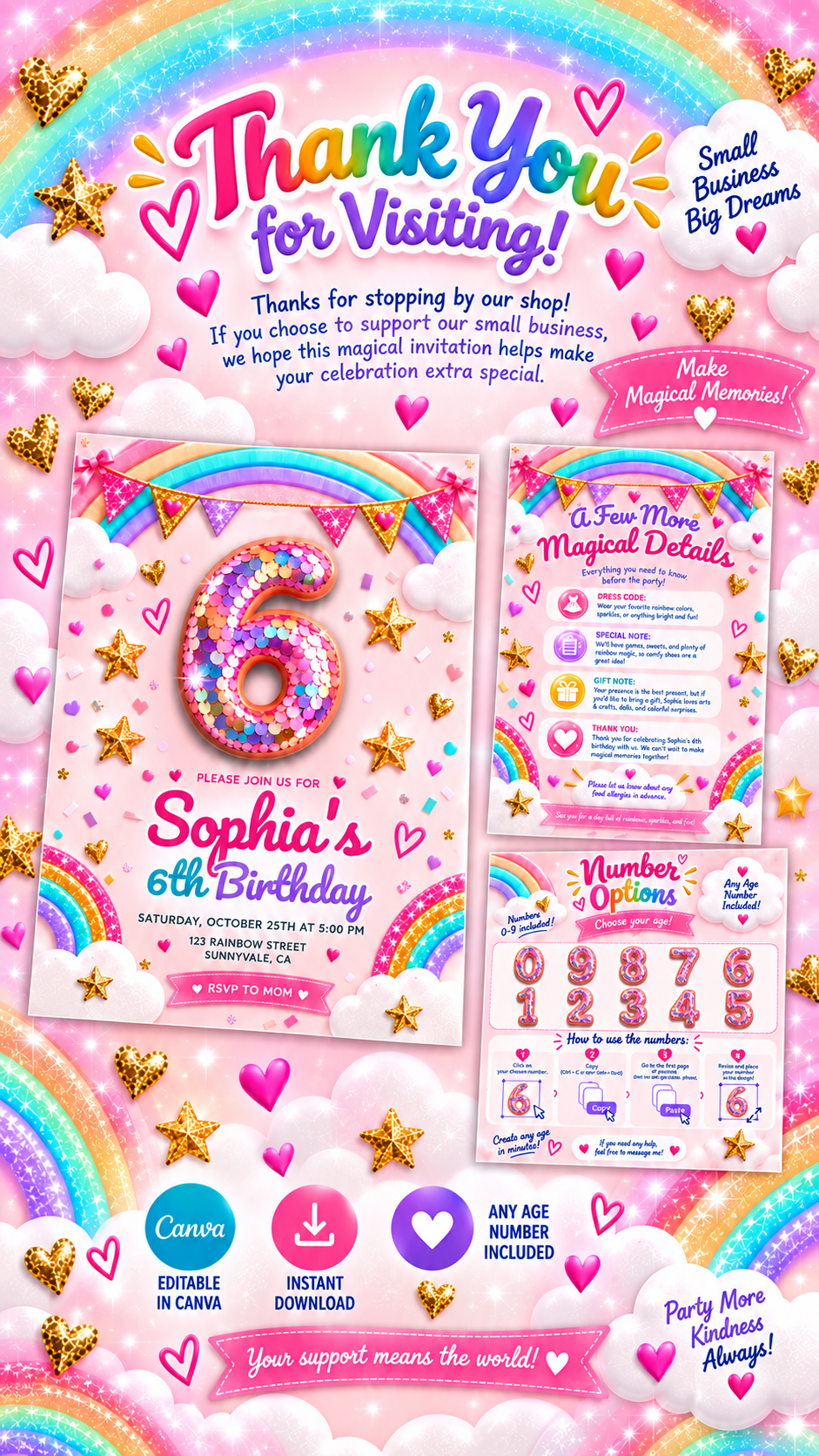 Printable Rainbow Birthday Invitation with colorful design for Sophia's 6th birthday, featuring pink background and playful elements.