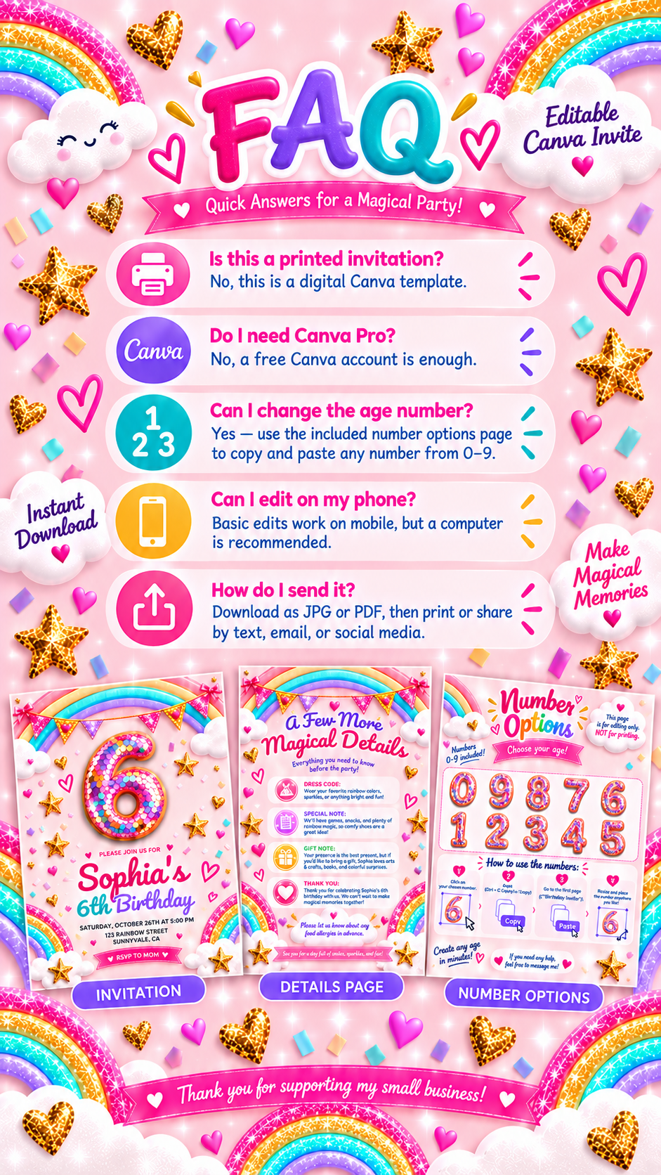 Printable Rainbow Birthday Invitation FAQ with colorful designs and editing instructions for a magical party in Canva.