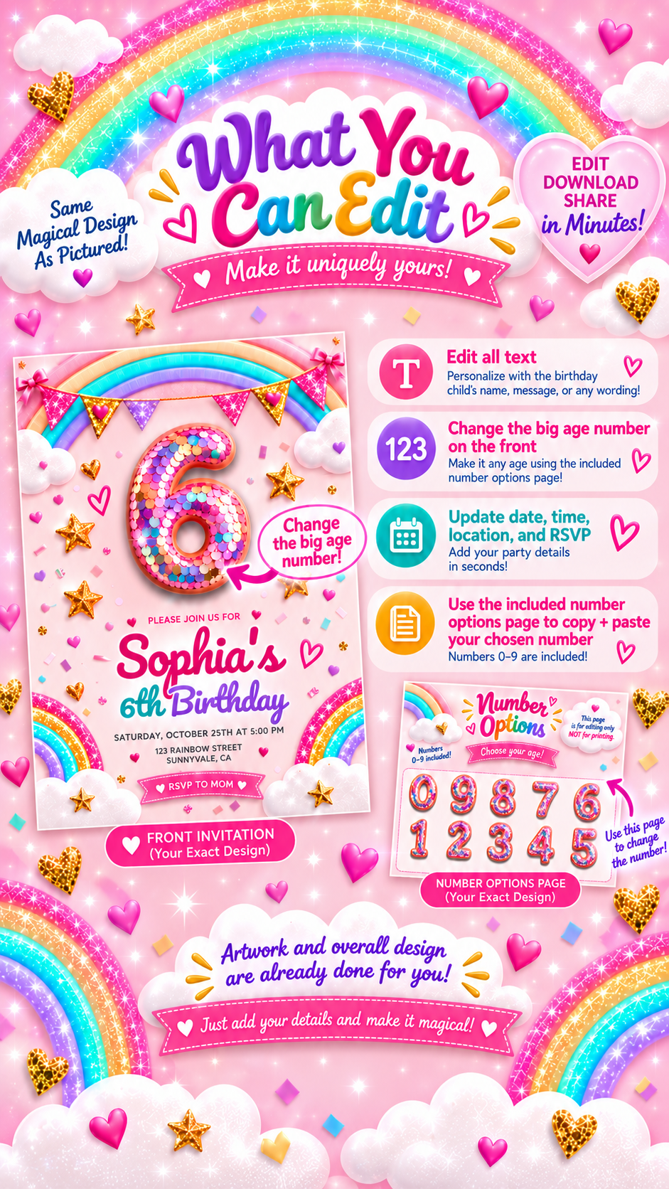 Printable Rainbow Birthday Invitation editable Canva template with pink background, rainbows, stars, and hearts.