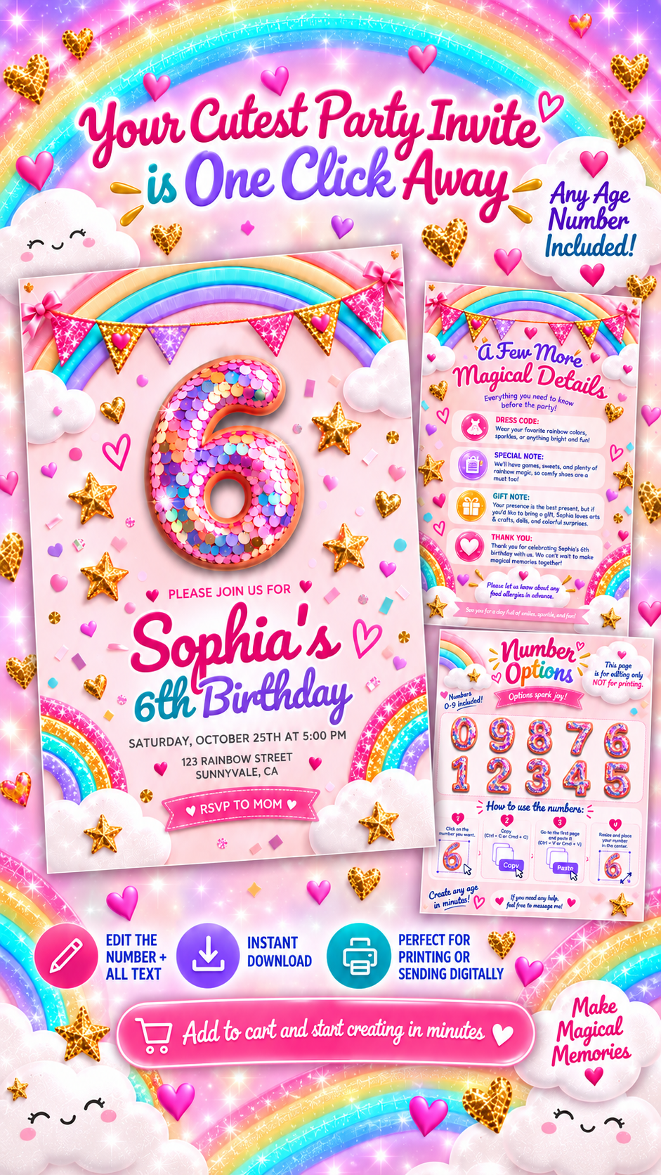 Printable Rainbow Birthday Invitation with cheerful pink background, glittering rainbows, and playful hearts for girls' parties.