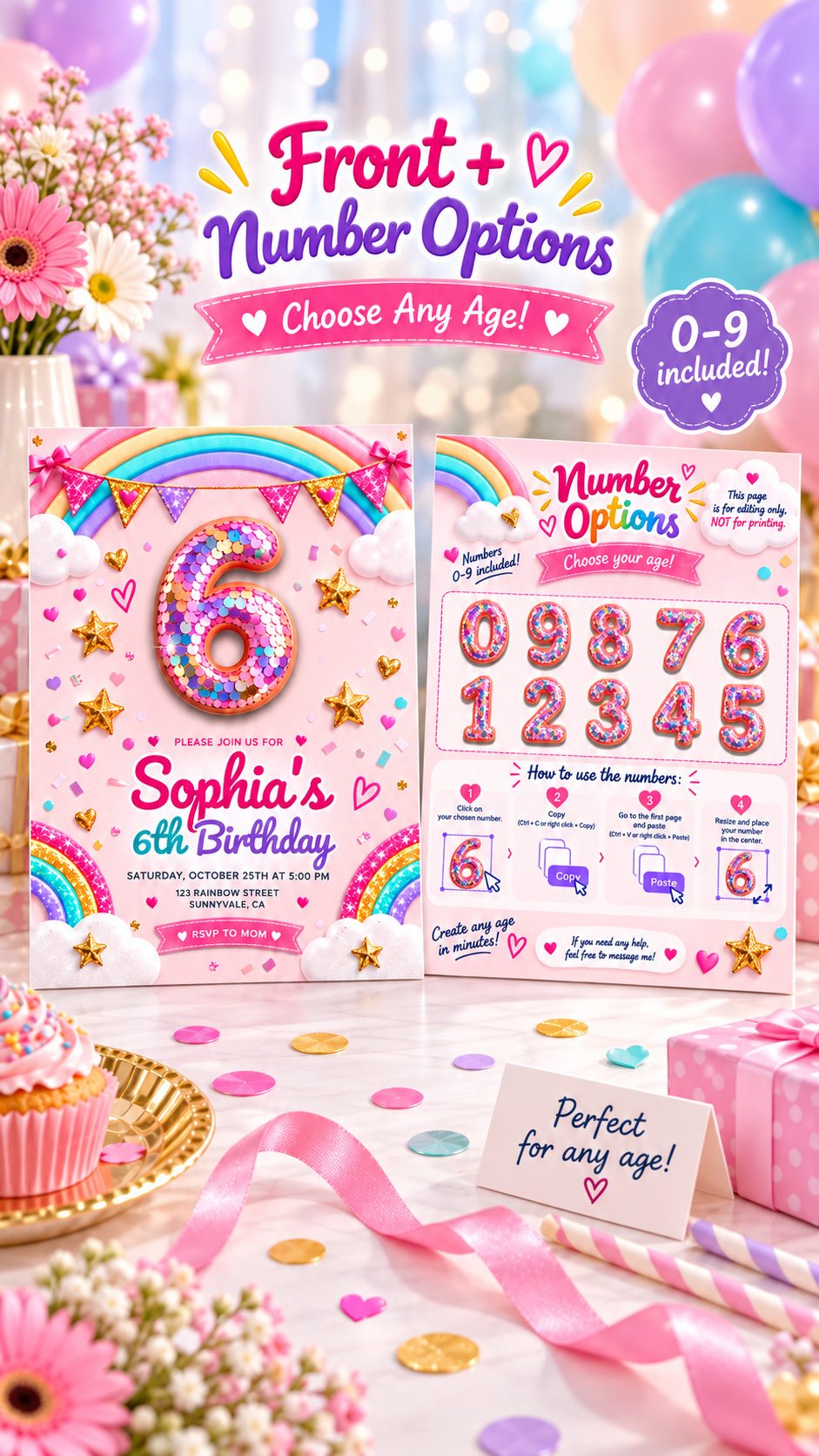 Printable Rainbow Birthday Invitation featuring age number options for Sophia's 6th birthday celebration.