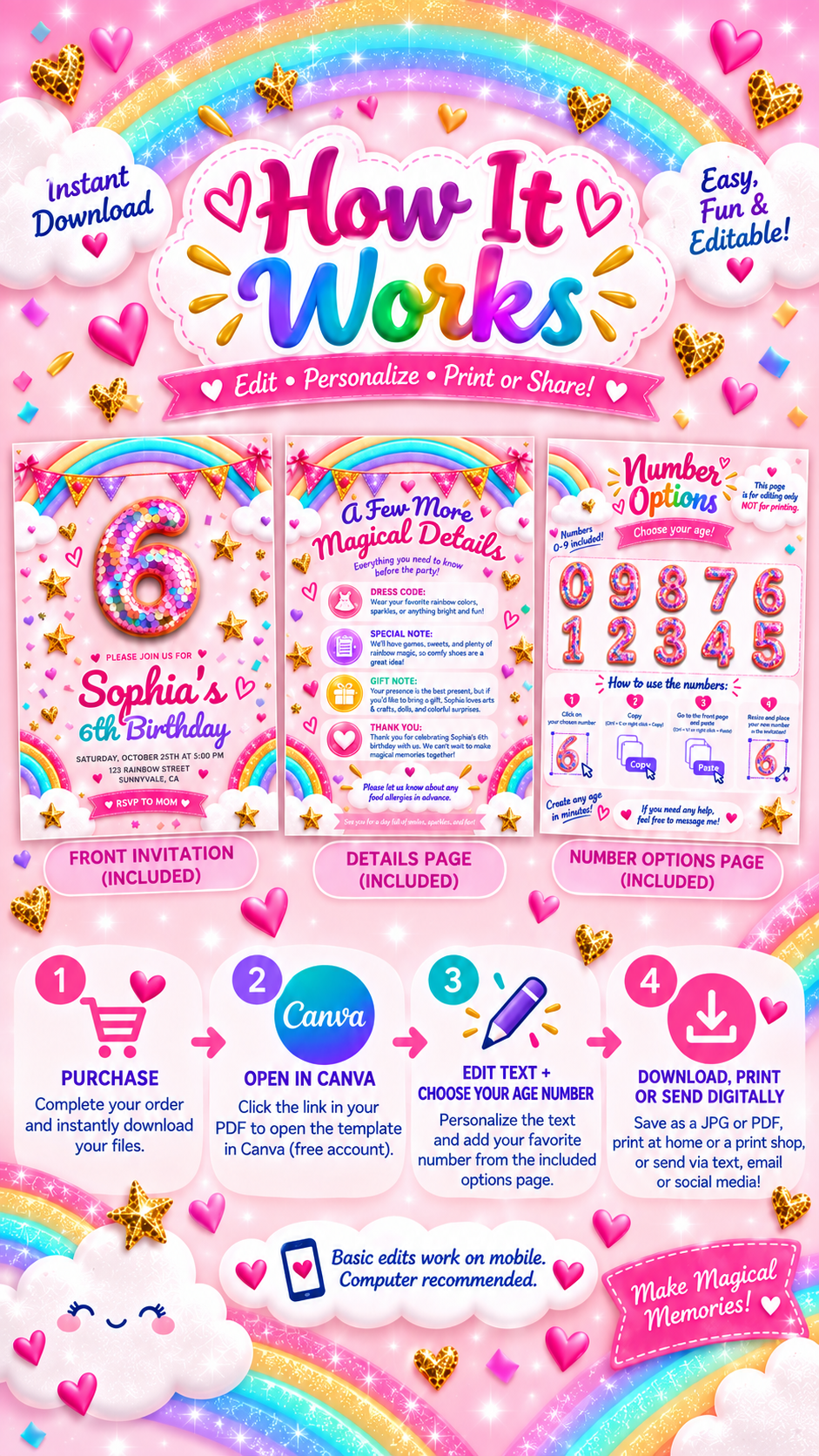 Printable Rainbow Birthday Invitation – Editable Canva template with step-by-step guide and colorful designs.