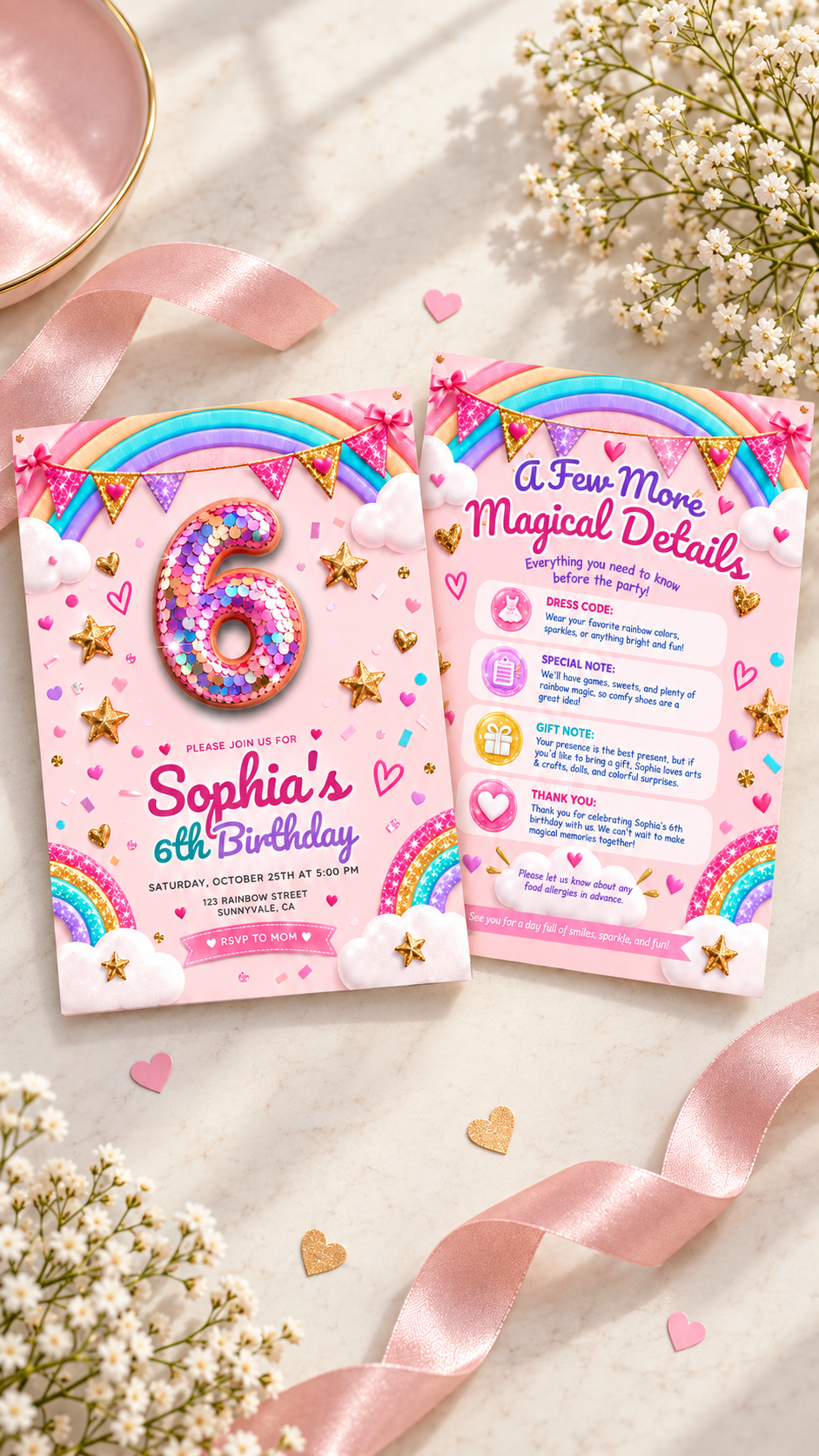 Printable Rainbow Birthday Invitation featuring a pink background, glittering rainbows, and playful hearts.