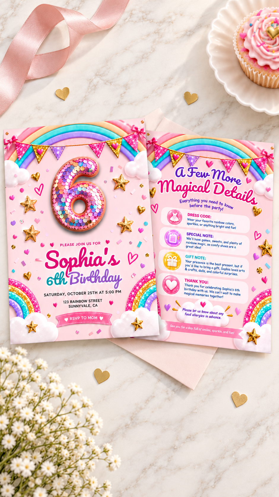 Printable Rainbow Birthday Invitation featuring a pink background, rainbows, and a glittering age number for girls' parties.