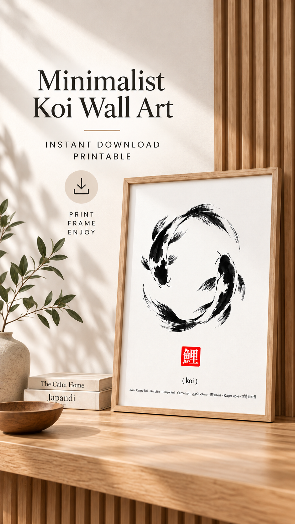 Japanese Koi Wall Art in minimalist style displayed in a framed setting on a wooden shelf.