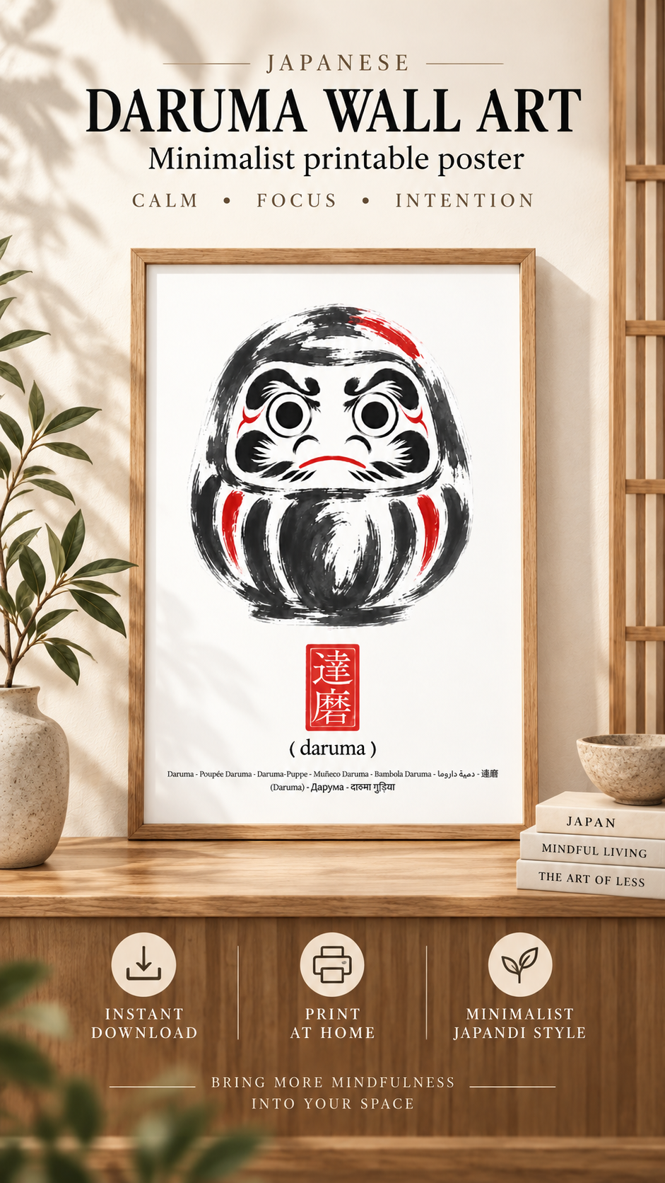 Japanese Daruma Wall Art – Minimalist printable poster featuring iconic Daruma figure.