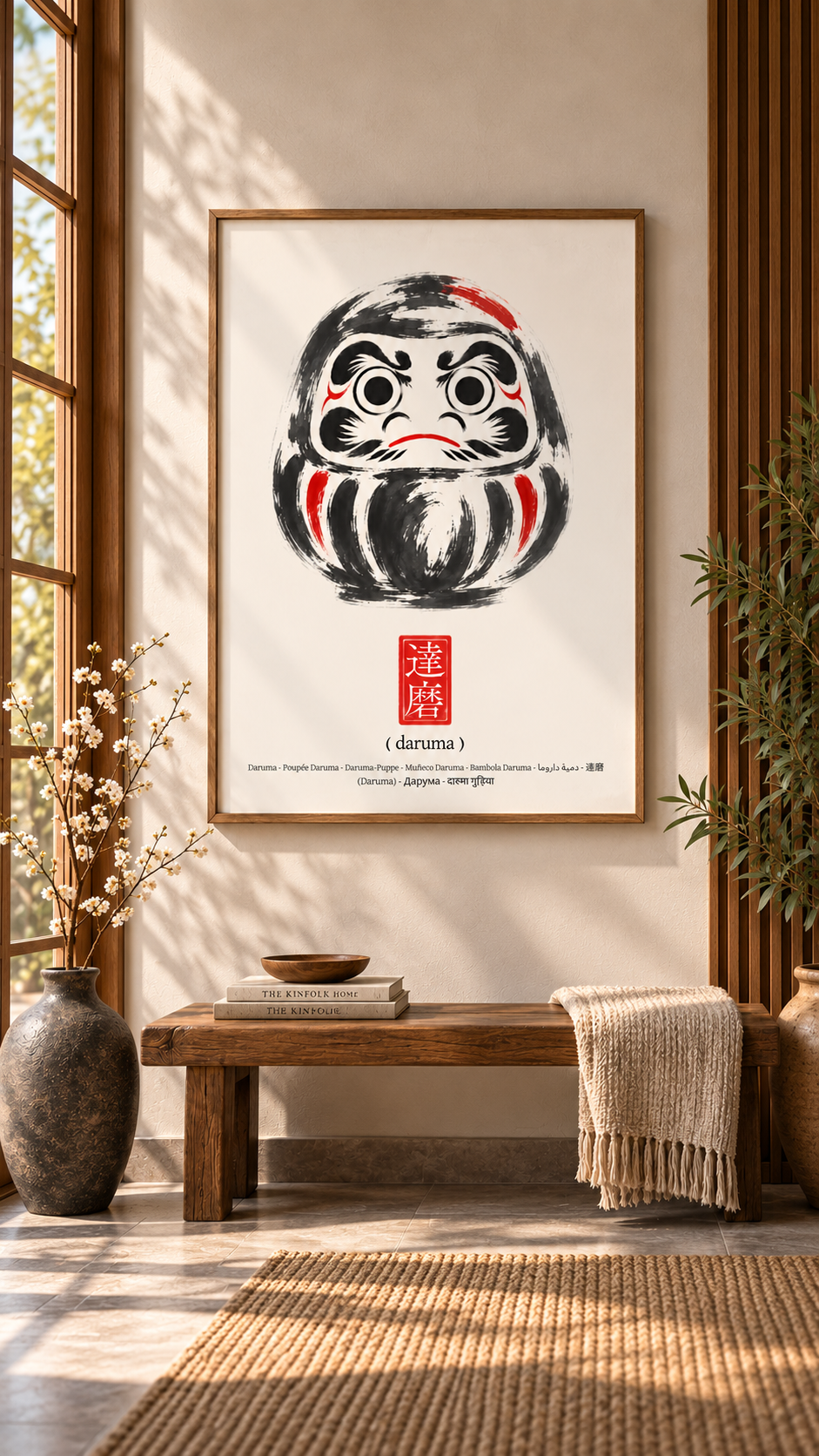 Japanese Daruma Wall Art – Printable Minimalist Poster featuring the iconic Daruma figure in a stylish interior setting.