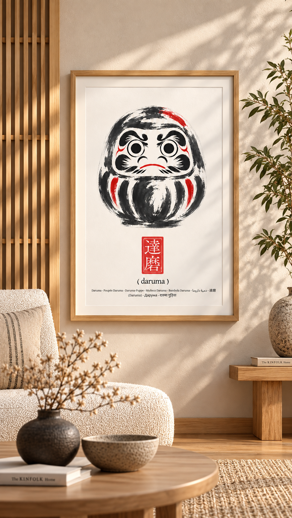 Japanese Daruma Wall Art – Printable Minimalist Poster featuring a Daruma figure in a modern setting.