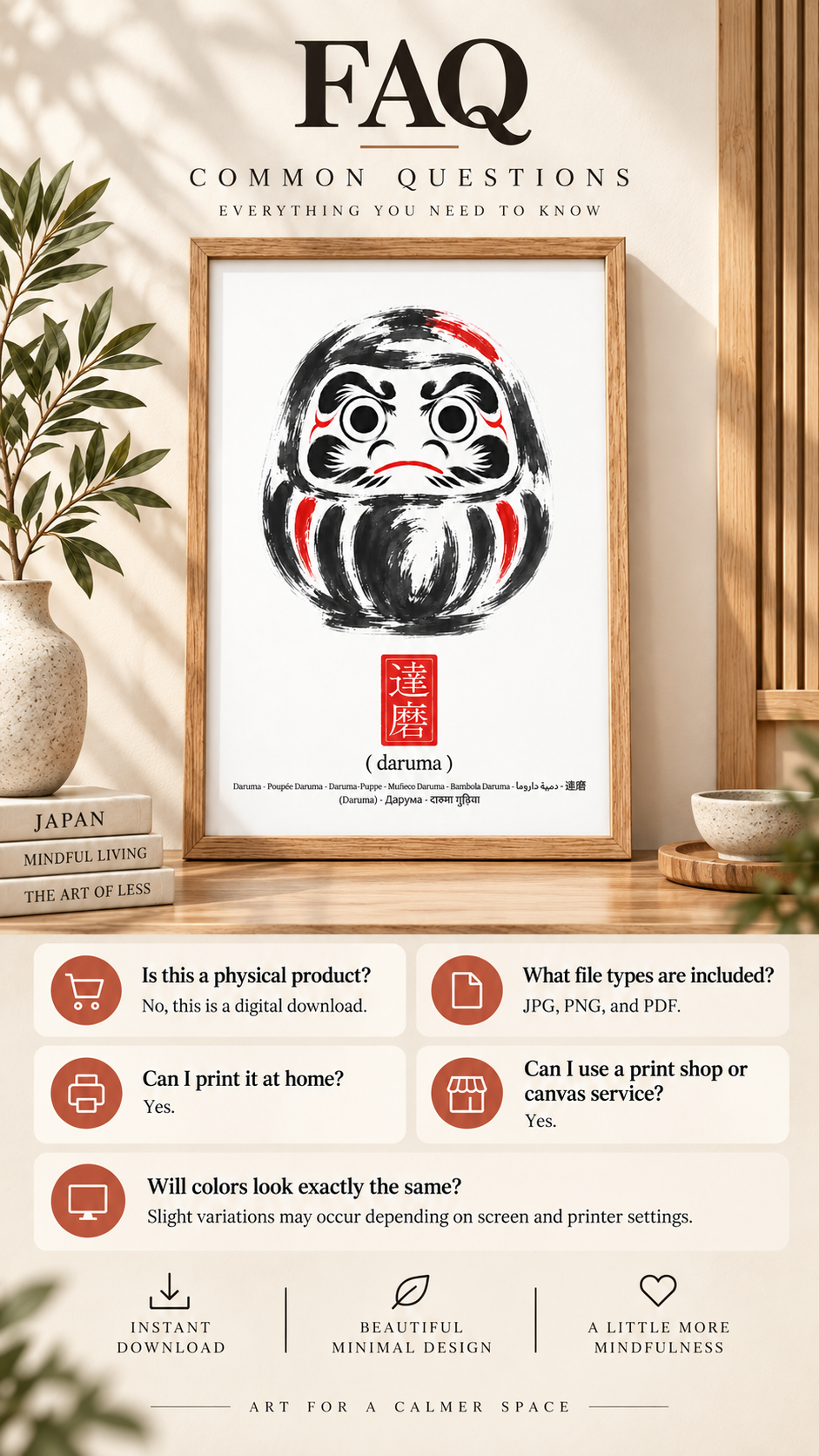 Japanese Daruma Wall Art – Printable Minimalist Poster displayed in a stylish interior setting with FAQ details.