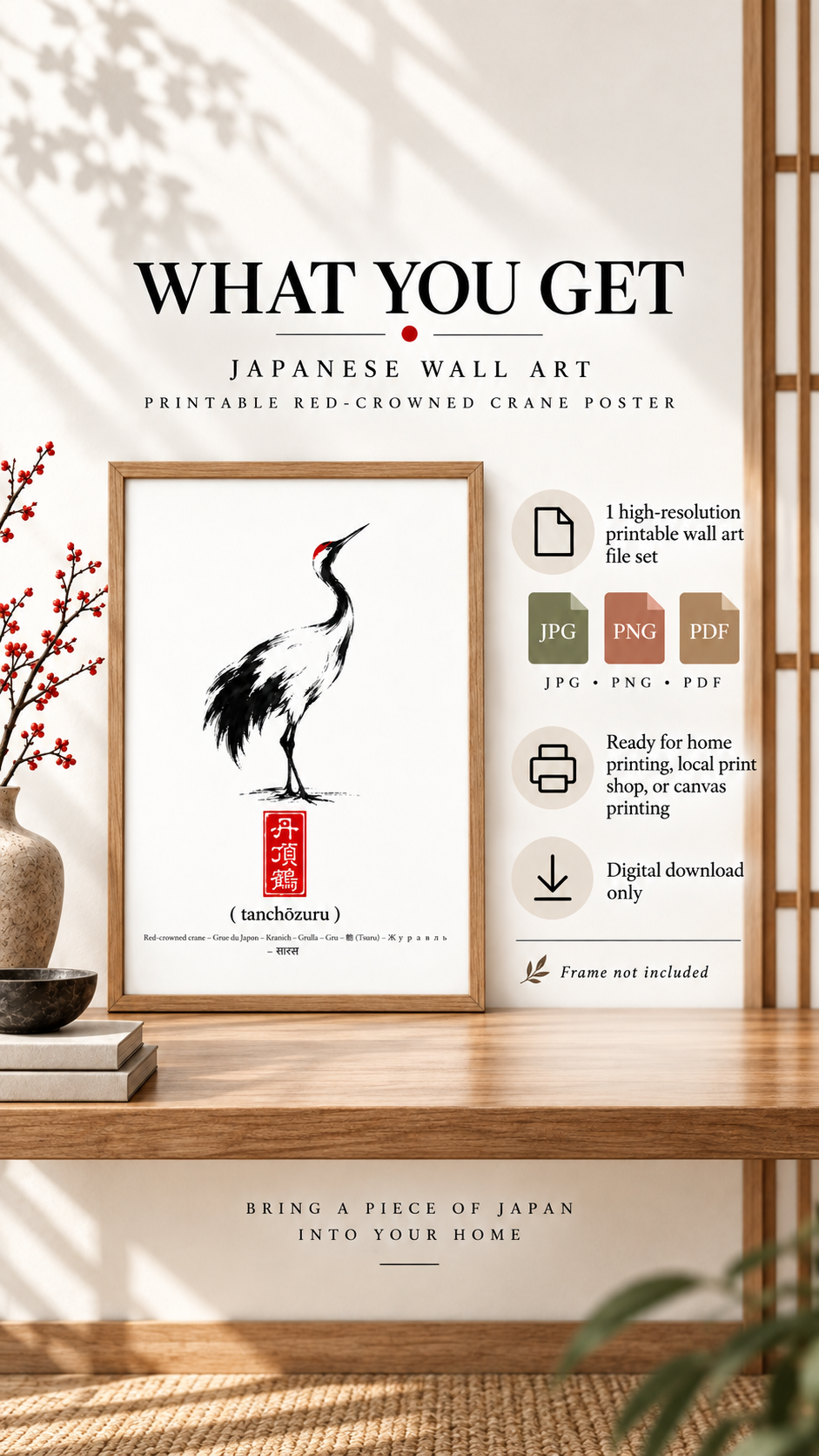 Japanese Red-Crowned Crane Wall Art – Printable Zen Poster with design and download options displayed.