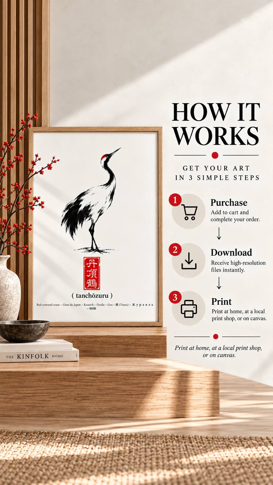 Japanese Red-Crowned Crane Wall Art – Printable Zen Poster displayed in a frame with instructions on how to purchase and print.